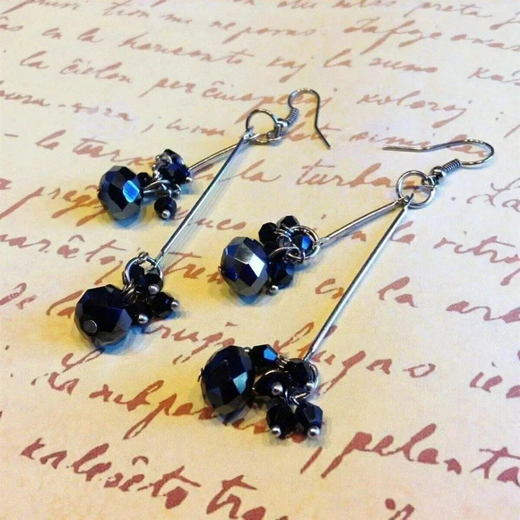 Hand Crafted Swingy Black Faceted Czech Crystal 80mm Long Double Dangle Earrings - Picture 4 of 5